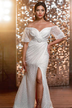 Vestidos de Noiva Modernos com Decote em V Longo e Brilho, com Mangas Compridas