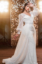 Vestidos de Noiva Modernos com Decote em V Longo e Brilho, com Mangas Compridas