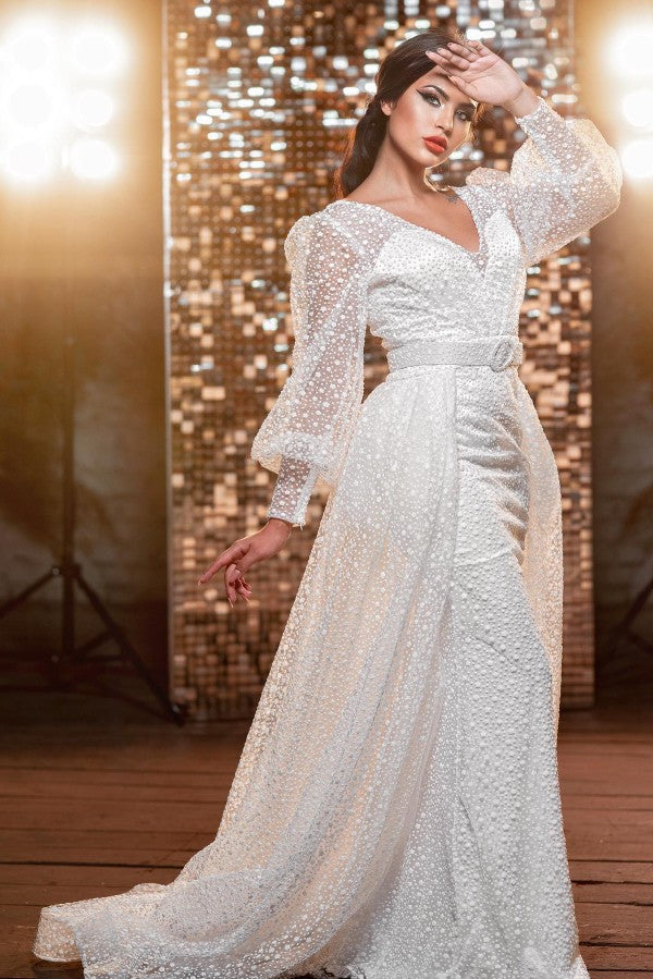Vestidos de Noiva Modernos com Decote em V Longo e Brilho, com Mangas Compridas