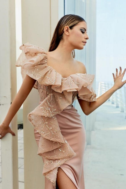 Modern Off-the-shoulder Evening Dress Long Pink Lace Prom Dresses With Slit