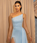Modern One Shoulder Sequins A-Line Floor-length Split Prom Dress With Side Train