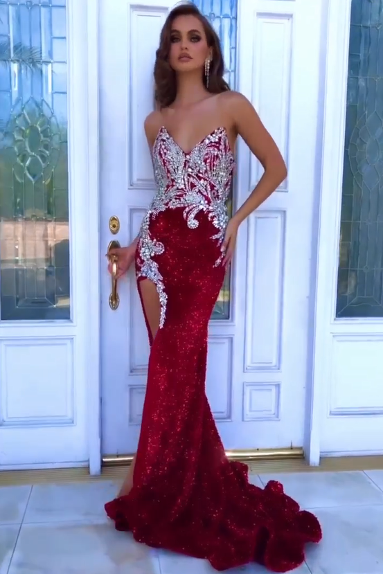 Vestido de Baile Moderno Vermelho Sem Mangas com Fenda Frontal Estilo Sereia e Cristais