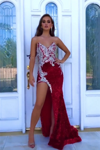 Vestido de Baile Moderno Vermelho Sem Mangas com Fenda Frontal Estilo Sereia e Cristais