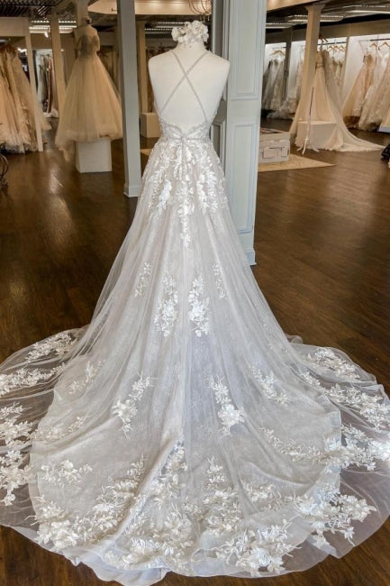 Abiti da sposa moderni a linea ad A con spalline sottili e pizzo
