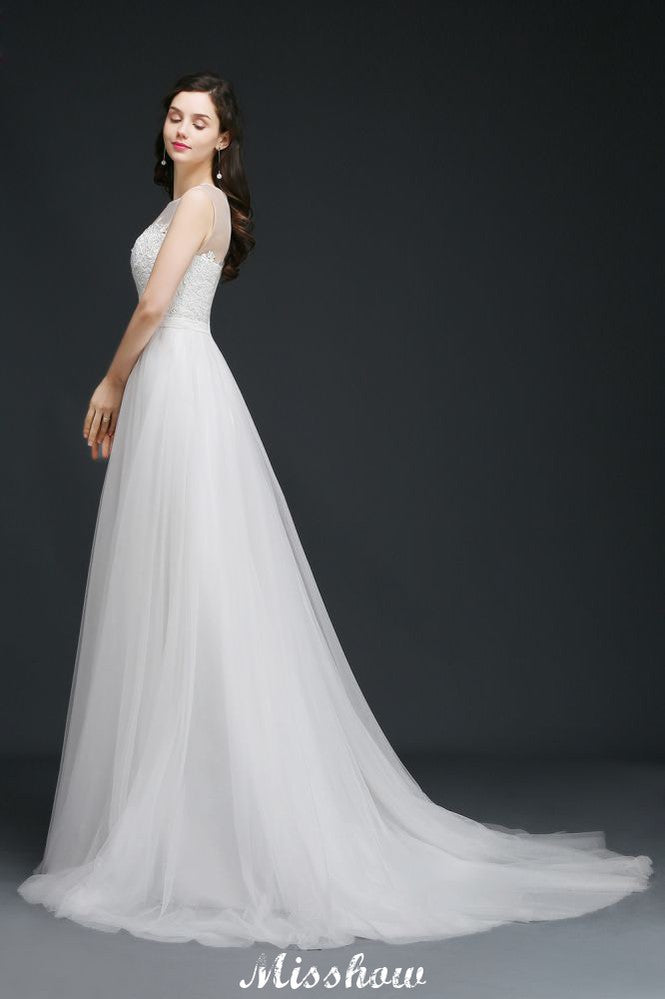 Robe de mariée modeste en dentelle illusion coupe trapèze