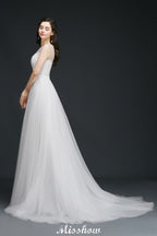 Robe de mariée modeste en dentelle illusion coupe trapèze
