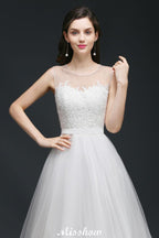 Robe de mariée modeste en dentelle illusion coupe trapèze