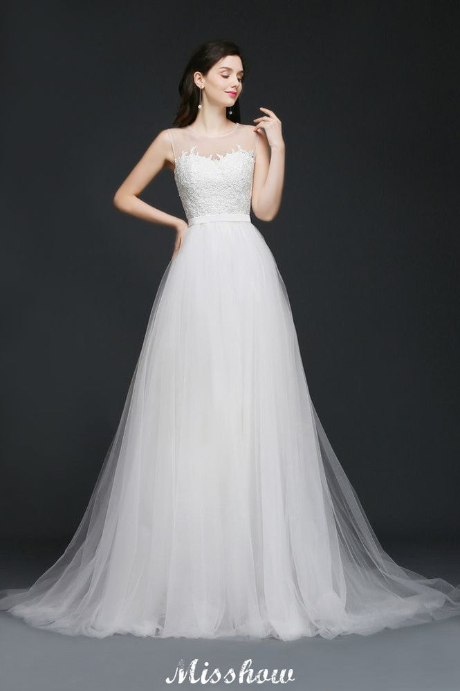 Robe de mariée modeste en dentelle illusion coupe trapèze