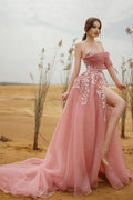 Robe de bal longue modeste en tulle et dentelle, sans bretelles, coupe trapèze, avec fente