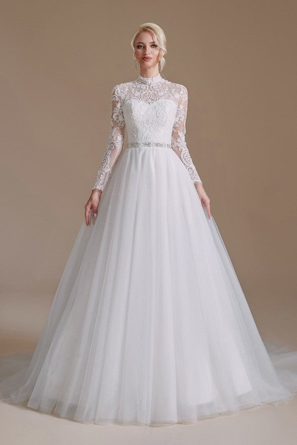 Vestidos de novia modestos de corte A largo con cuello alto, tul y encaje con mangas