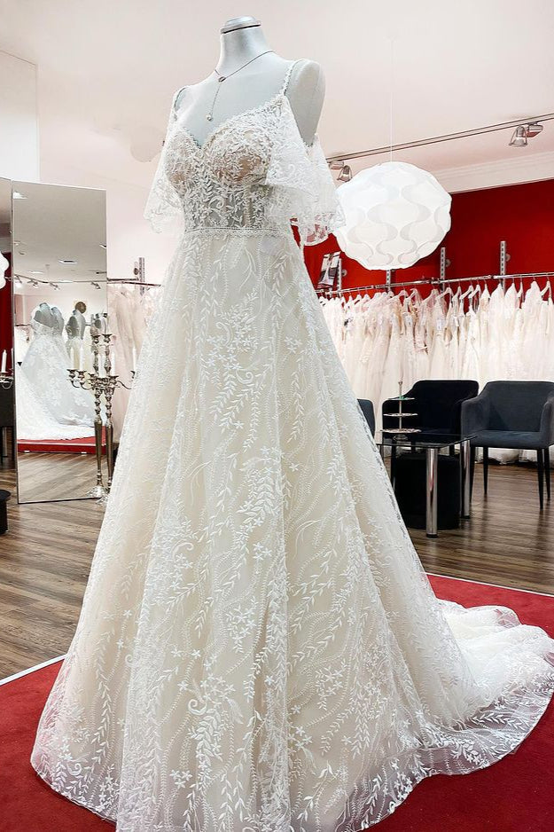 Vestido de Noiva Modesto Comprido em Linha A com Decote Coração, Tule e Aplicações de Renda, com Mangas