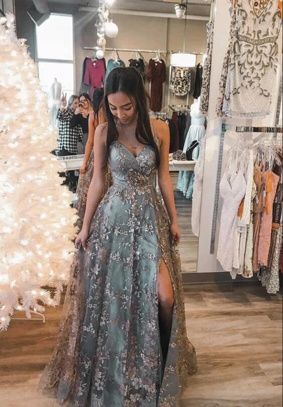 Robe de bal modeste longue en tulle, coupe évasée, col en V, dos ouvert avec fente