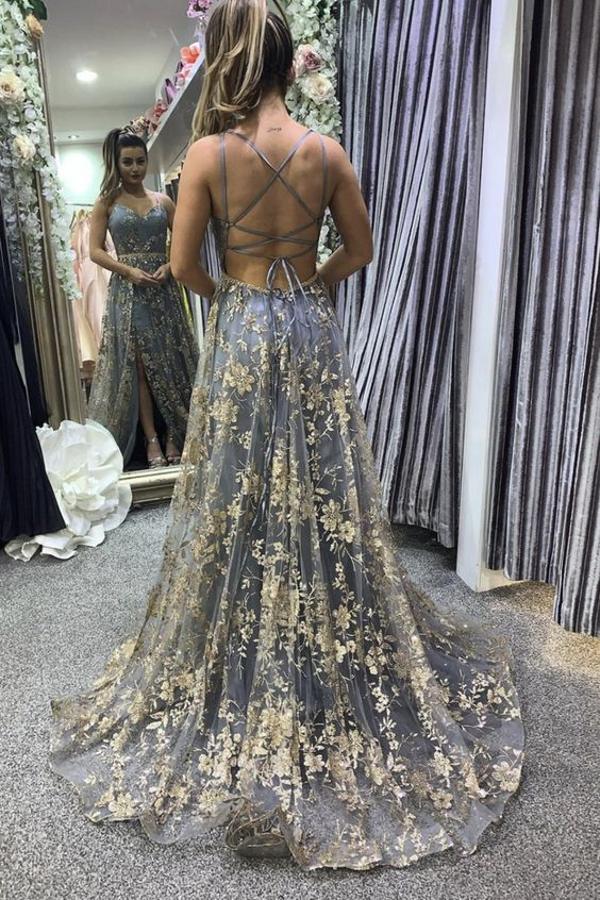 Robe de bal modeste longue en tulle, coupe évasée, col en V, dos ouvert avec fente