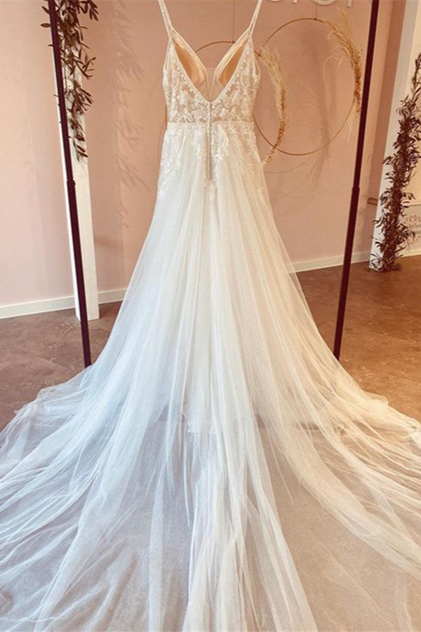 Abito da sposa modesto lungo a linea ad A con scollo a V, spalline sottili e tulle con pizzi applicati