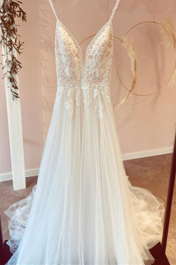 Abito da sposa modesto lungo a linea ad A con scollo a V, spalline sottili e tulle con pizzi applicati