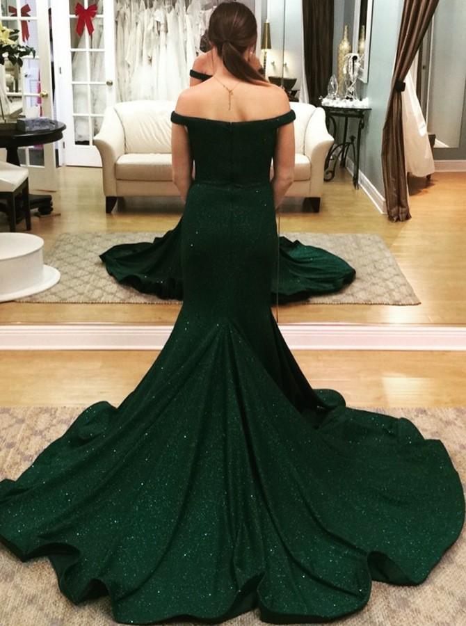 Robe de bal verte modeste longue sirène à épaules dénudées