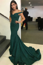 Robe de bal verte modeste longue sirène à épaules dénudées