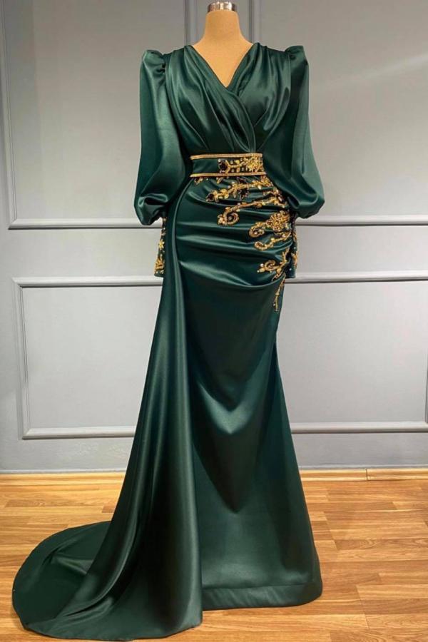 Robe de bal modeste longue sirène en satin avec perles, col en V et manches