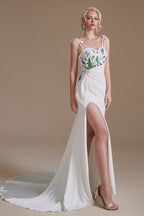 Vestido de Noiva Modesto Longo em Cetim com Alças Finas Estilo Sereia e Costas Descobertas com Fenda