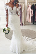 Abito da sposa modesto lungo a sirena con scollo a cuore e pizzo con maniche
