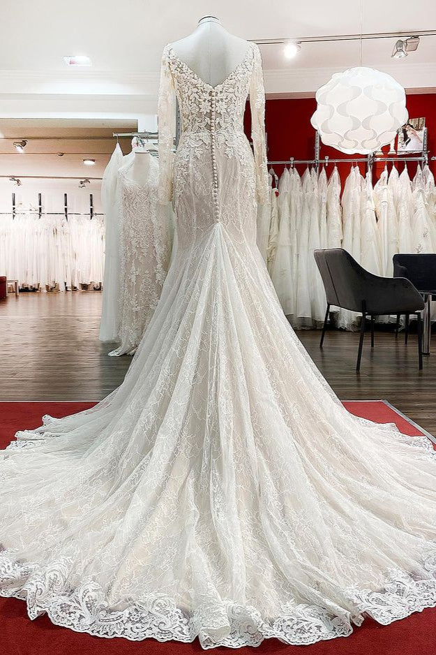 Abito da sposa modesto lungo a sirena con scollo a cuore, tulle e pizzo, con maniche