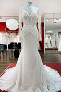 Abito da sposa modesto lungo a sirena con scollo a cuore, tulle e pizzo, con maniche