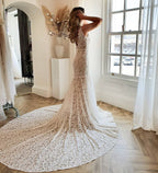 Vestido de novia modesto largo de sirena con escote en V y espalda abierta de encaje