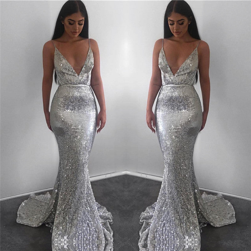 Robe de bal modeste longue sirène à col en V, dos ouvert et paillettes