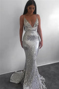Robe de bal modeste longue sirène à col en V, dos ouvert et paillettes