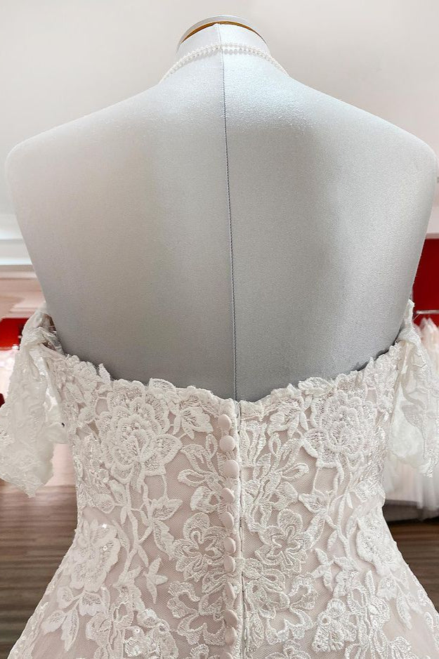 Vestido de novia de tul con encaje y hombros descubiertos, estilo princesa, modesto y largo