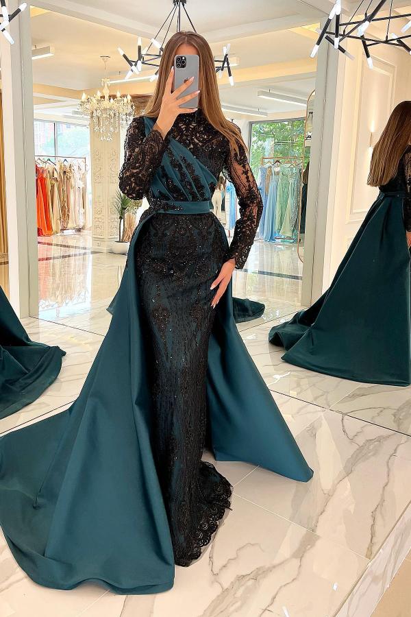 Robe de bal en satin à manches longues modestes, coupe sirène, noire avec paillettes, robes de soirée