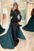 Robe de bal en satin à manches longues modestes, coupe sirène, noire avec paillettes, robes de soirée