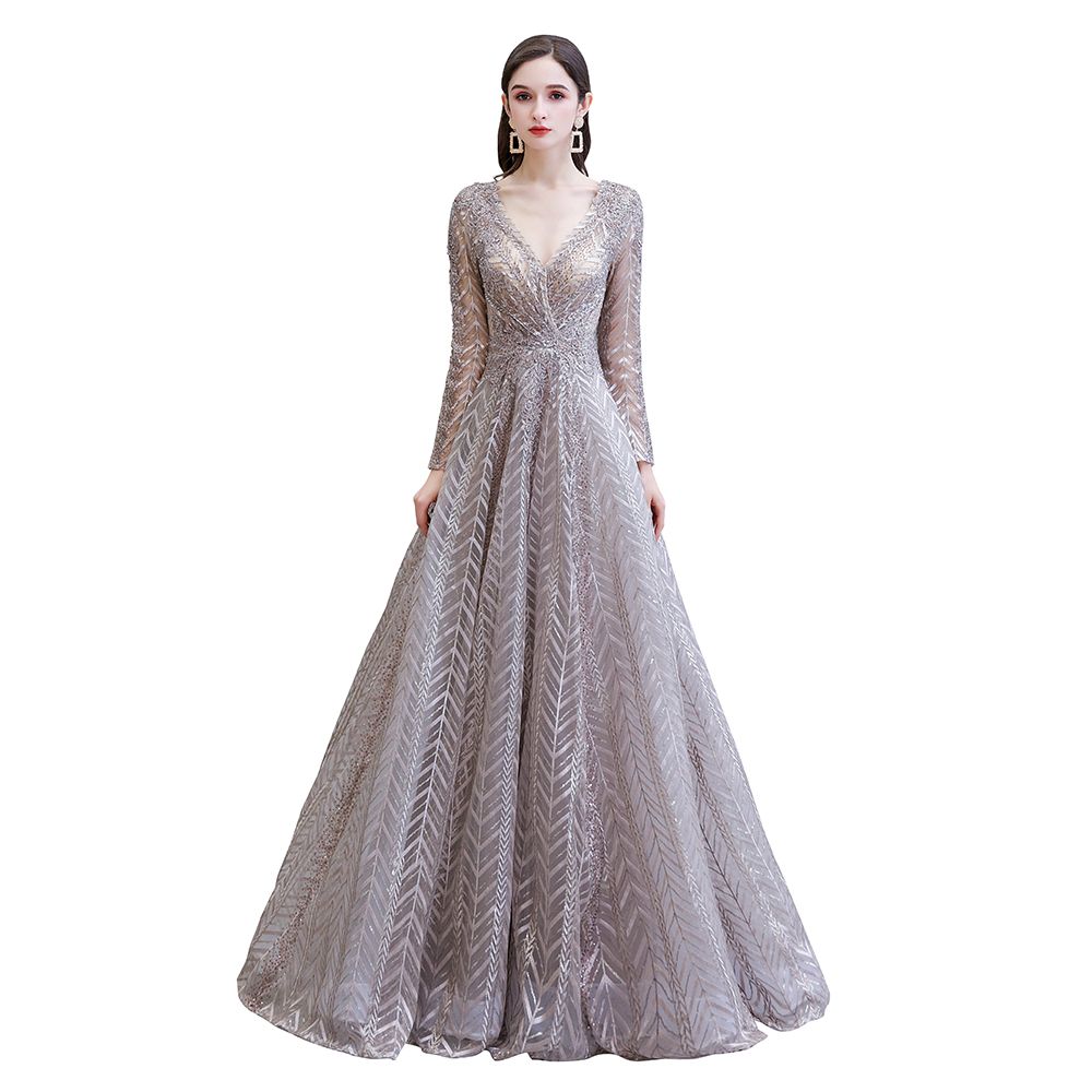Robe de bal princesse modeste à manches longues, col en V, pailletée, coupe évasée, robe de fête