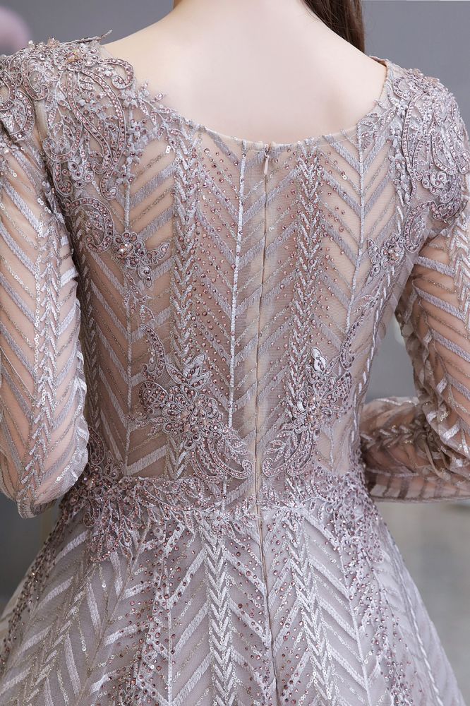 Robe de bal princesse modeste à manches longues, col en V, pailletée, coupe évasée, robe de fête