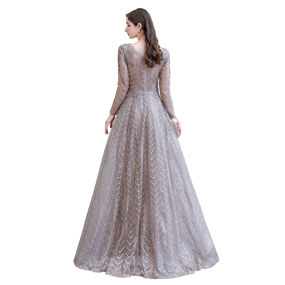 Robe de bal princesse modeste à manches longues, col en V, pailletée, coupe évasée, robe de fête
