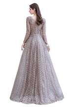 Robe de bal princesse modeste à manches longues, col en V, pailletée, coupe évasée, robe de fête