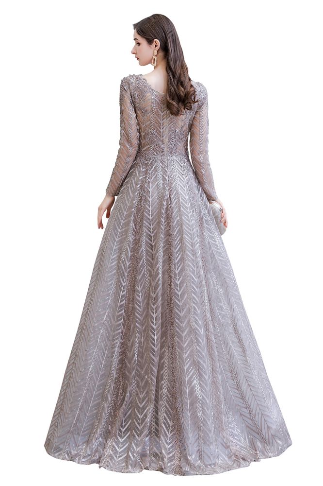 Robe de bal princesse modeste à manches longues, col en V, pailletée, coupe évasée, robe de fête