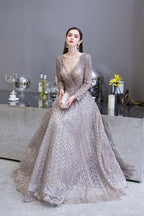 Robe de bal princesse modeste à manches longues, col en V, pailletée, coupe évasée, robe de fête