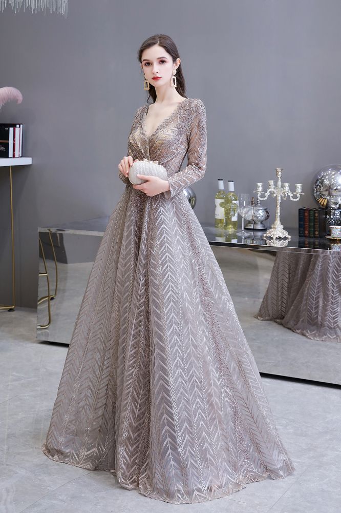 Robe de bal princesse modeste à manches longues, col en V, pailletée, coupe évasée, robe de fête