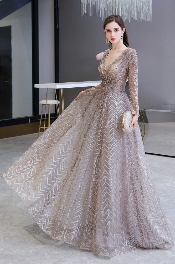 Robe de bal princesse modeste à manches longues, col en V, pailletée, coupe évasée, robe de fête