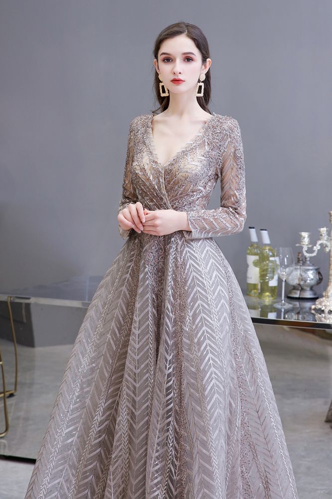 Robe de bal princesse modeste à manches longues, col en V, pailletée, coupe évasée, robe de fête
