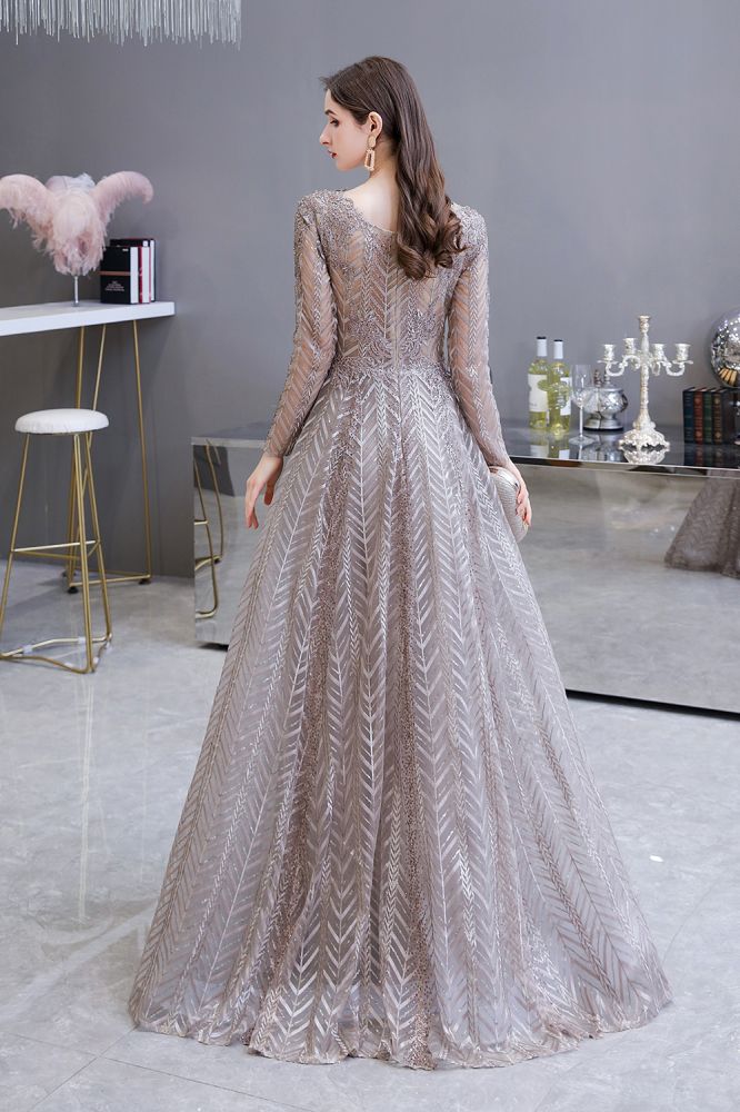 Robe de bal princesse modeste à manches longues, col en V, pailletée, coupe évasée, robe de fête