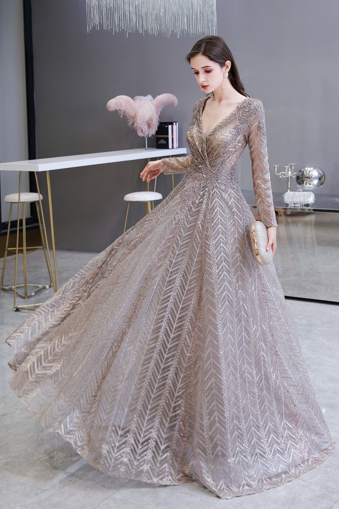 Robe de bal princesse modeste à manches longues, col en V, pailletée, coupe évasée, robe de fête