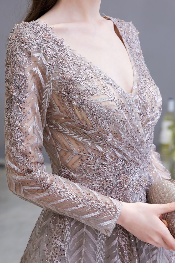Robe de bal princesse modeste à manches longues, col en V, pailletée, coupe évasée, robe de fête