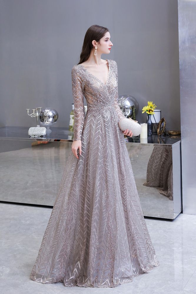 Robe de bal princesse modeste à manches longues, col en V, pailletée, coupe évasée, robe de fête
