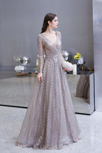 Robe de bal princesse modeste à manches longues, col en V, pailletée, coupe évasée, robe de fête