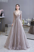 Robe de bal princesse modeste à manches longues, col en V, pailletée, coupe évasée, robe de fête