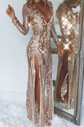 Abito da sera modesto lungo a colonna con scollo a V in tulle e paillettes con maniche