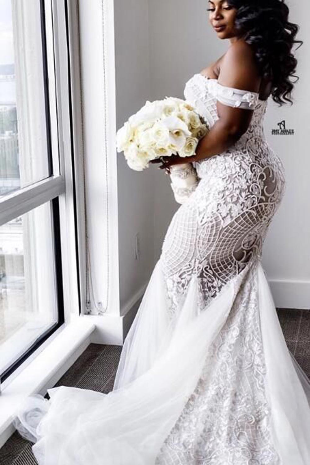 Vestidos de Noiva Modestos de Renda, Tamanho Grande, Longos, Estilo Sereia, com Ombros Descobertos