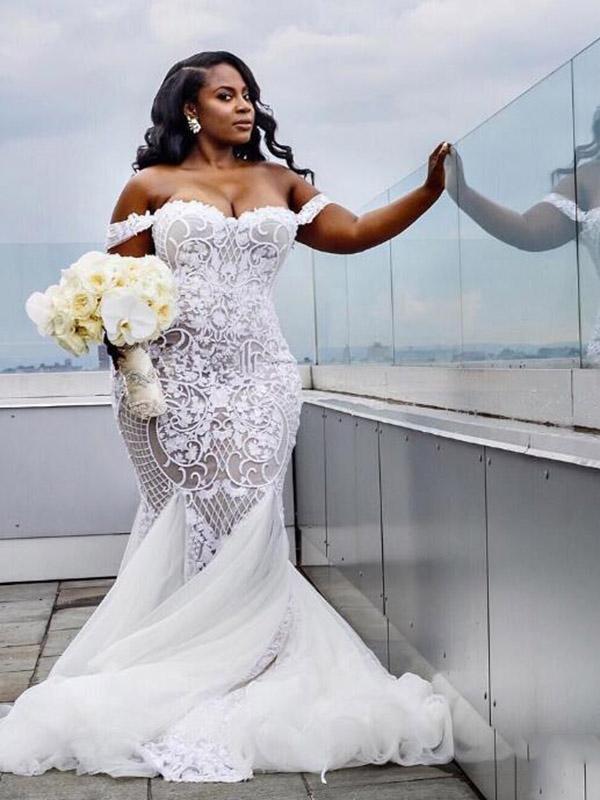 Vestidos de Noiva Modestos de Renda, Tamanho Grande, Longos, Estilo Sereia, com Ombros Descobertos